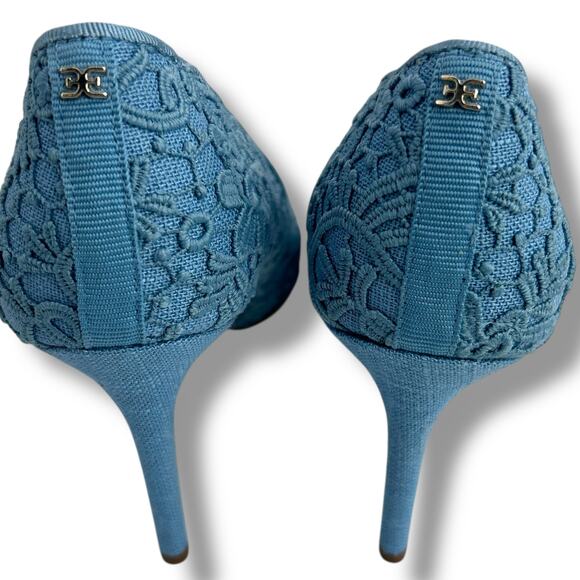 Sam Edelman Hazel Heels Size 5.5 Royal Sky Blue Lace Pointy Toe Stiletto Pumps - Picture 8 of 12